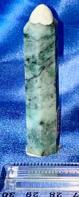 Green Pyrite Point 3 - polished green white silver stone mini-tower sculpture