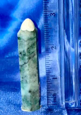 Green Pyrite Point 3 - polished green white silver stone mini-tower sculpture