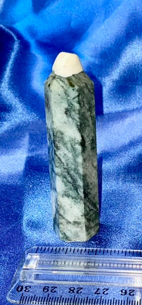 Green Pyrite Point 4 - polished green white silver stone mini-tower sculpture