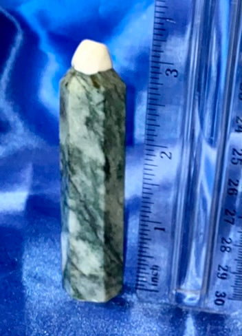 Green Pyrite Point 4 - polished green white silver stone mini-tower sculpture