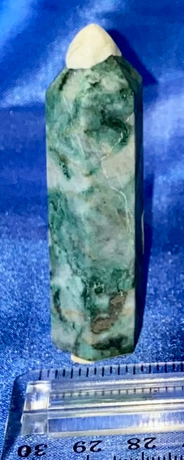 Green Pyrite Point 5 - polished green white silver stone mini-tower sculpture