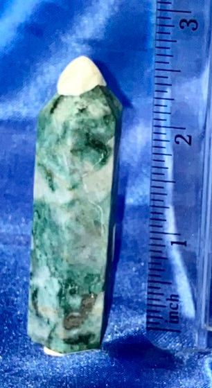 Green Pyrite Point 5 - polished green white silver stone mini-tower sculpture