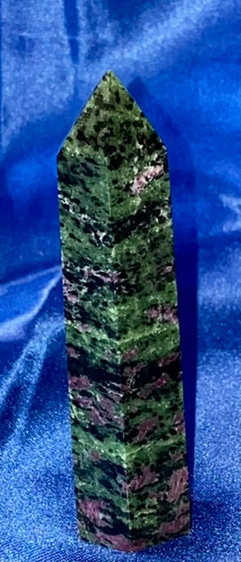 Zoisite Ruby Point  3 (UV Reactive) - polished pink green black stone mini-tower sculpture glows in blacklight