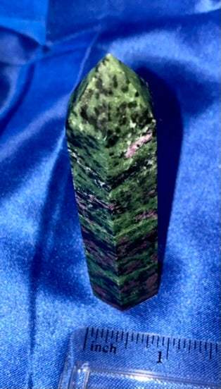 Zoisite Ruby Point  3 (UV Reactive) - polished pink green black stone mini-tower sculpture glows in blacklight