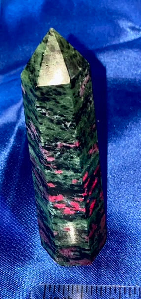 Zoisite Ruby Point  3 (UV Reactive) - polished pink green black stone mini-tower sculpture glows in blacklight