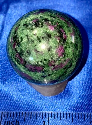 Ruby in Zoisite Sphere (UV Reactive) - polished green red black stone sculpture glows red in blacklight