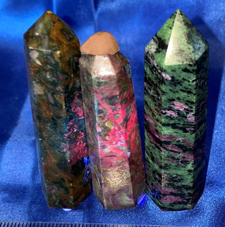 Ruby in Zoisite Point  2 (UV Reactive) - polished pink green black stone mini-tower sculpture glows in blacklight