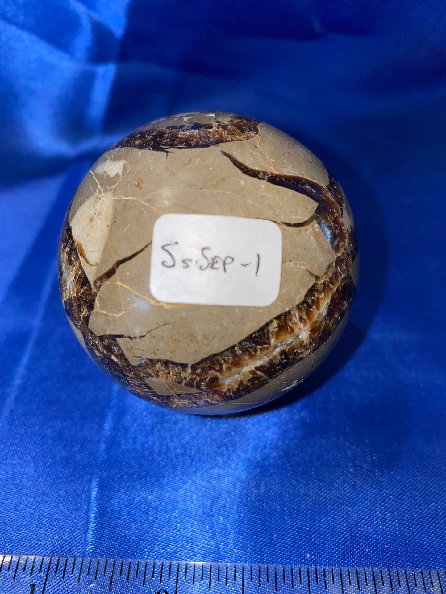 Septarian Sphere s1 - polished, patterned yellow, cream and gray stone sculpture