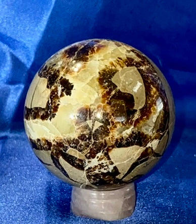 Septarian Sphere s1 - polished, patterned yellow, cream and gray stone sculpture