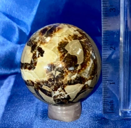 Septarian Sphere s1 - polished, patterned yellow, cream and gray stone sculpture