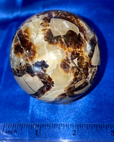 Septarian Sphere s1 - polished, patterned yellow, cream and gray stone sculpture