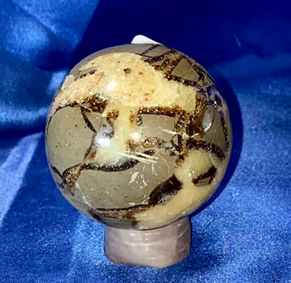 Septarian Sphere s2  - polished, patterned yellow, cream and gray stone sculpture