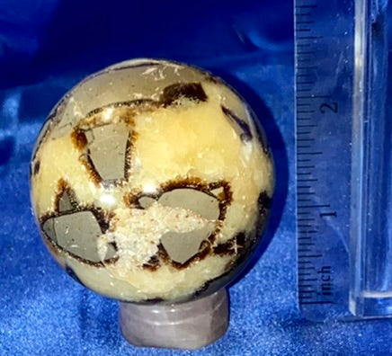 Septarian Sphere s2  - polished, patterned yellow, cream and gray stone sculpture