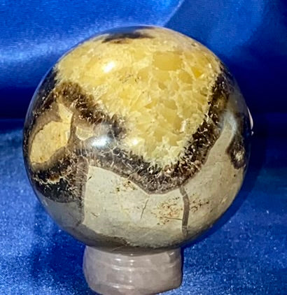 Septarian Sphere s3 - polished, patterned yellow, cream and gray stone sculpture