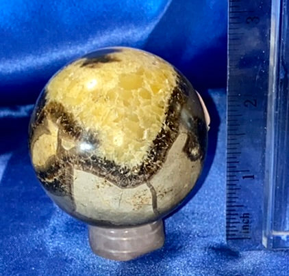 Septarian Sphere s3 - polished, patterned yellow, cream and gray stone sculpture