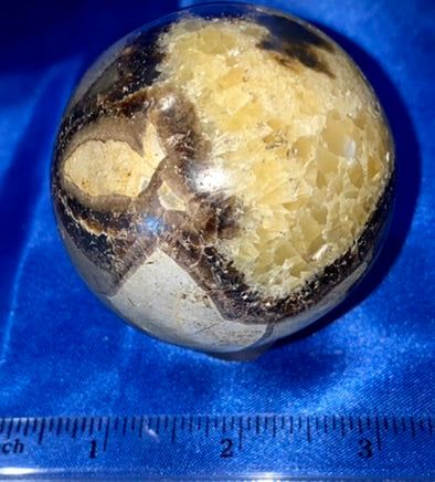 Septarian Sphere s3 - polished, patterned yellow, cream and gray stone sculpture