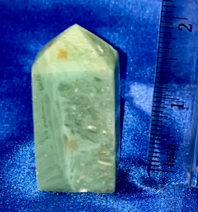 Green Calcite Point 1 - polished white green stone mini-tower sculpture