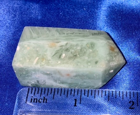 Green Calcite Point 1 - polished white green stone mini-tower sculpture