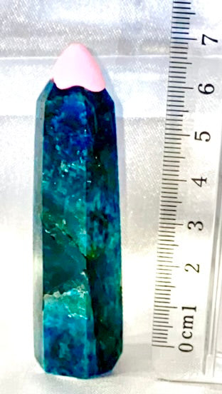 Apatite Point t1  - polished blue green stone mini-tower sculpture