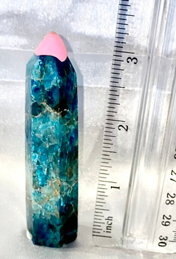 Apatite point t2  - polished blue green stone mini-tower sculpture