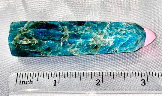 Apatite point t2  - polished blue green stone mini-tower sculpture