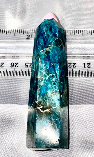 Apatite point t2  - polished blue green stone mini-tower sculpture