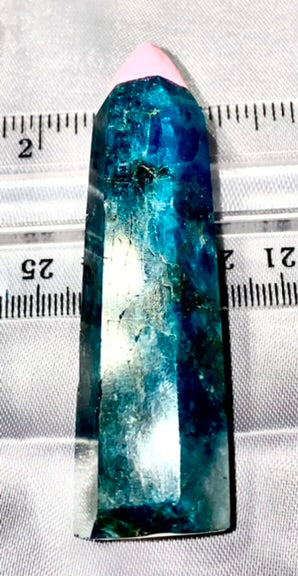 Apatite Point t1  - polished blue green stone mini-tower sculpture