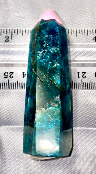 Apatite Point t1  - polished blue green stone mini-tower sculpture