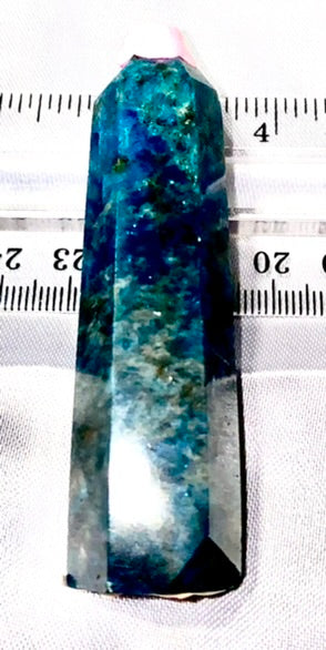 Apatite Point t3  - polished blue green stone mini-tower sculpture