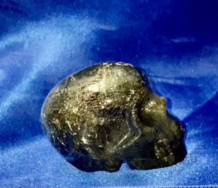 Labradorite Skull Figurine - polished blue gold flash Halloween decor, spooky polished stone sculpture