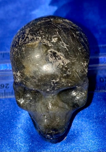 Labradorite Skull Figurine - polished blue gold flash Halloween decor, spooky polished stone sculpture