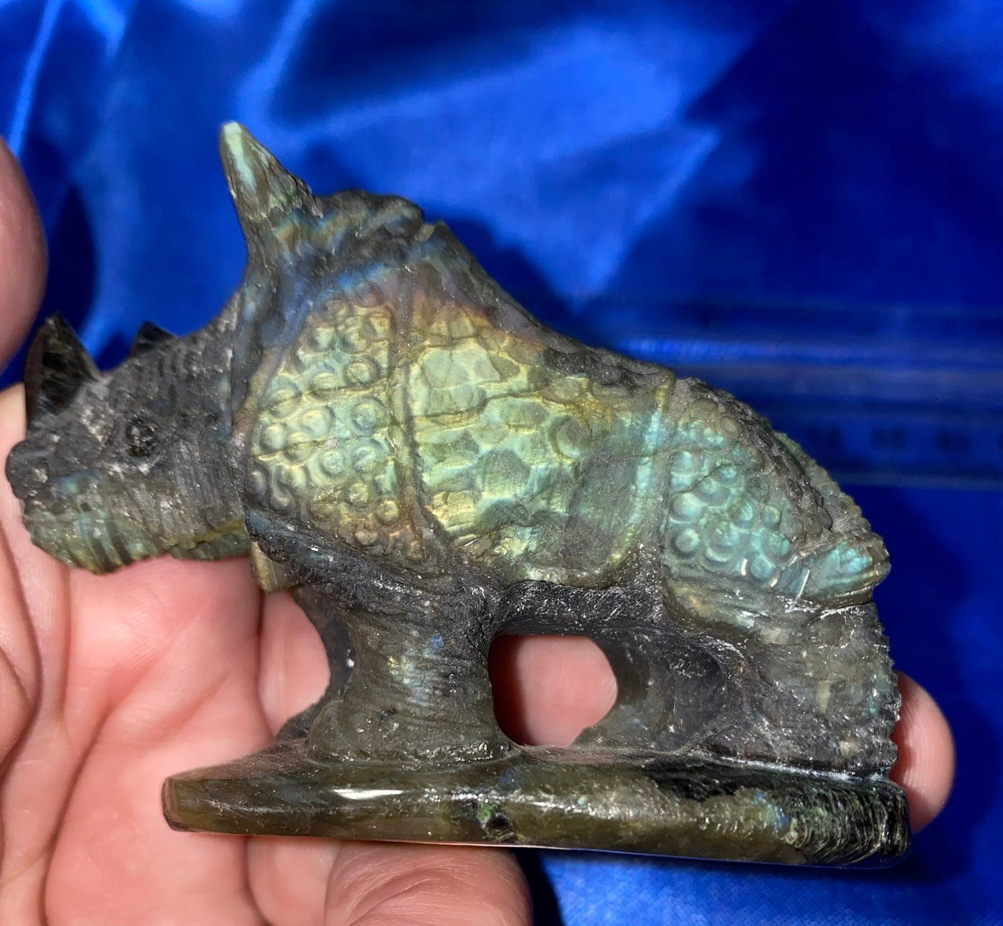 Labradorite Rhinoceros Figurine - polished blue pink gold flash stone sculpture