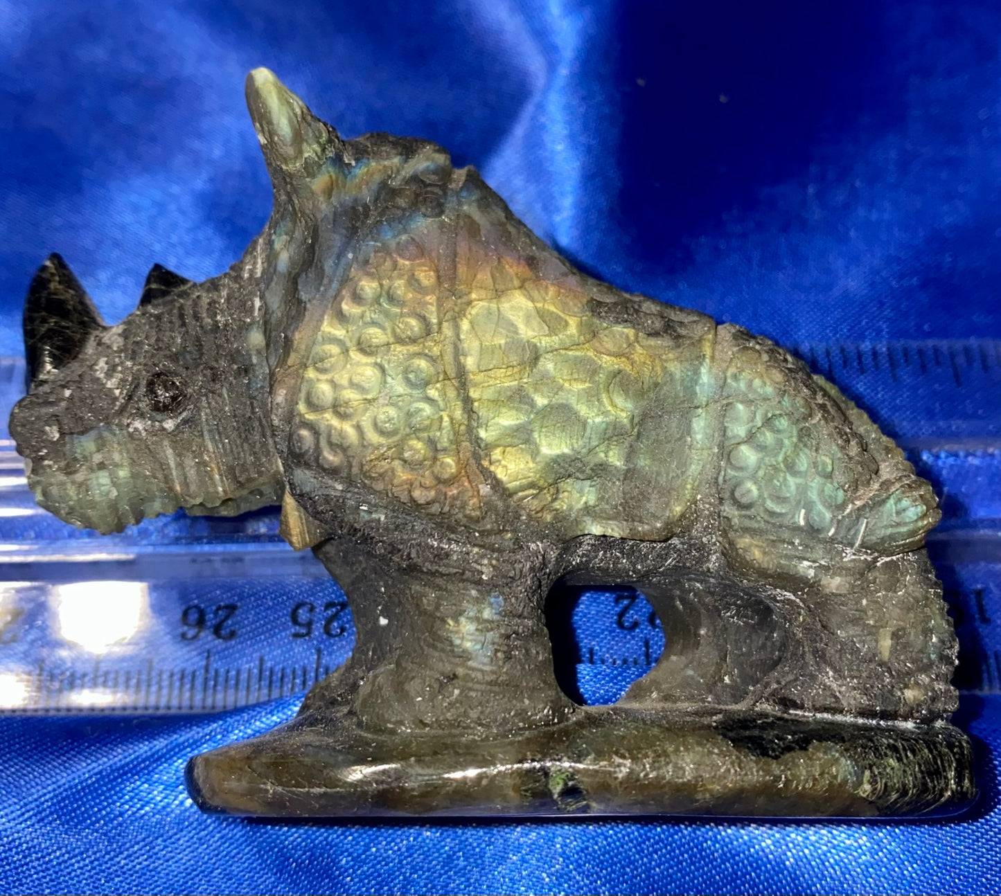 Labradorite Rhinoceros Figurine - polished blue pink gold flash stone sculpture