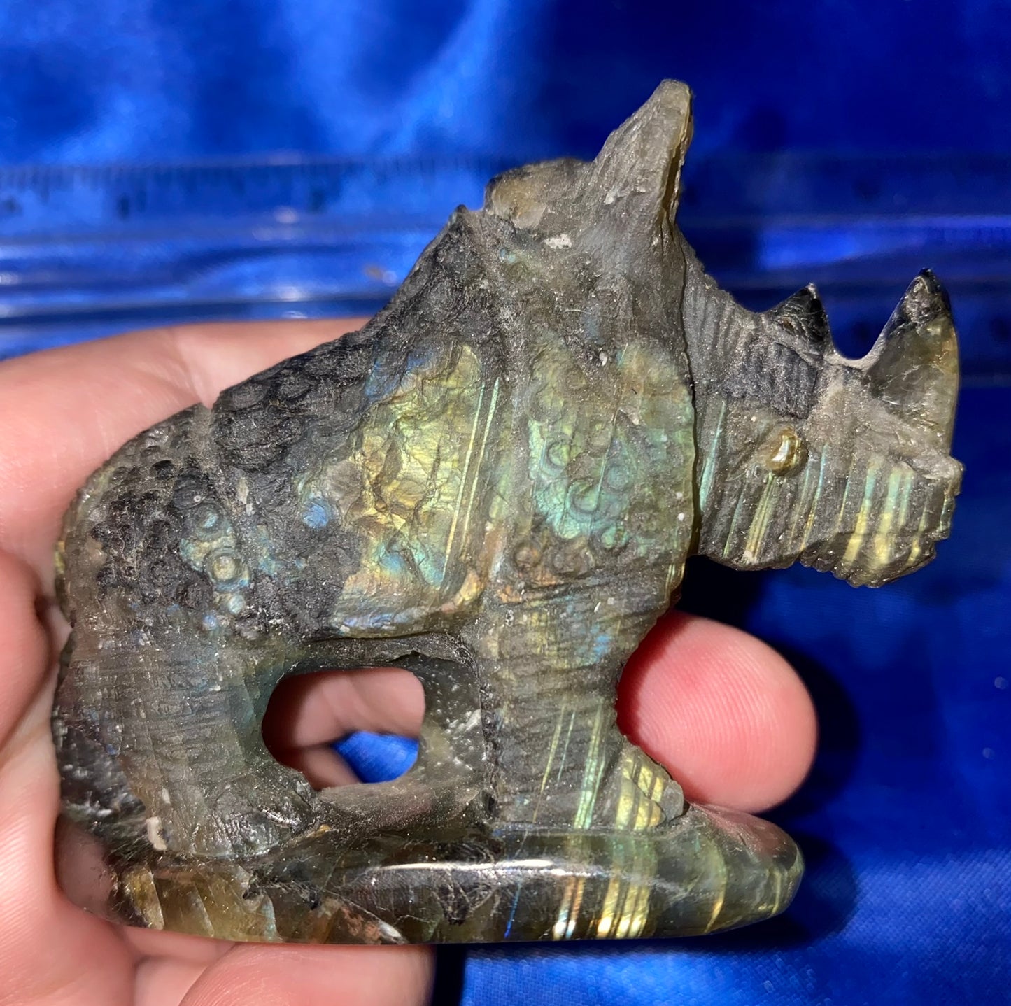 Labradorite Rhinoceros Figurine - polished blue pink gold flash stone sculpture