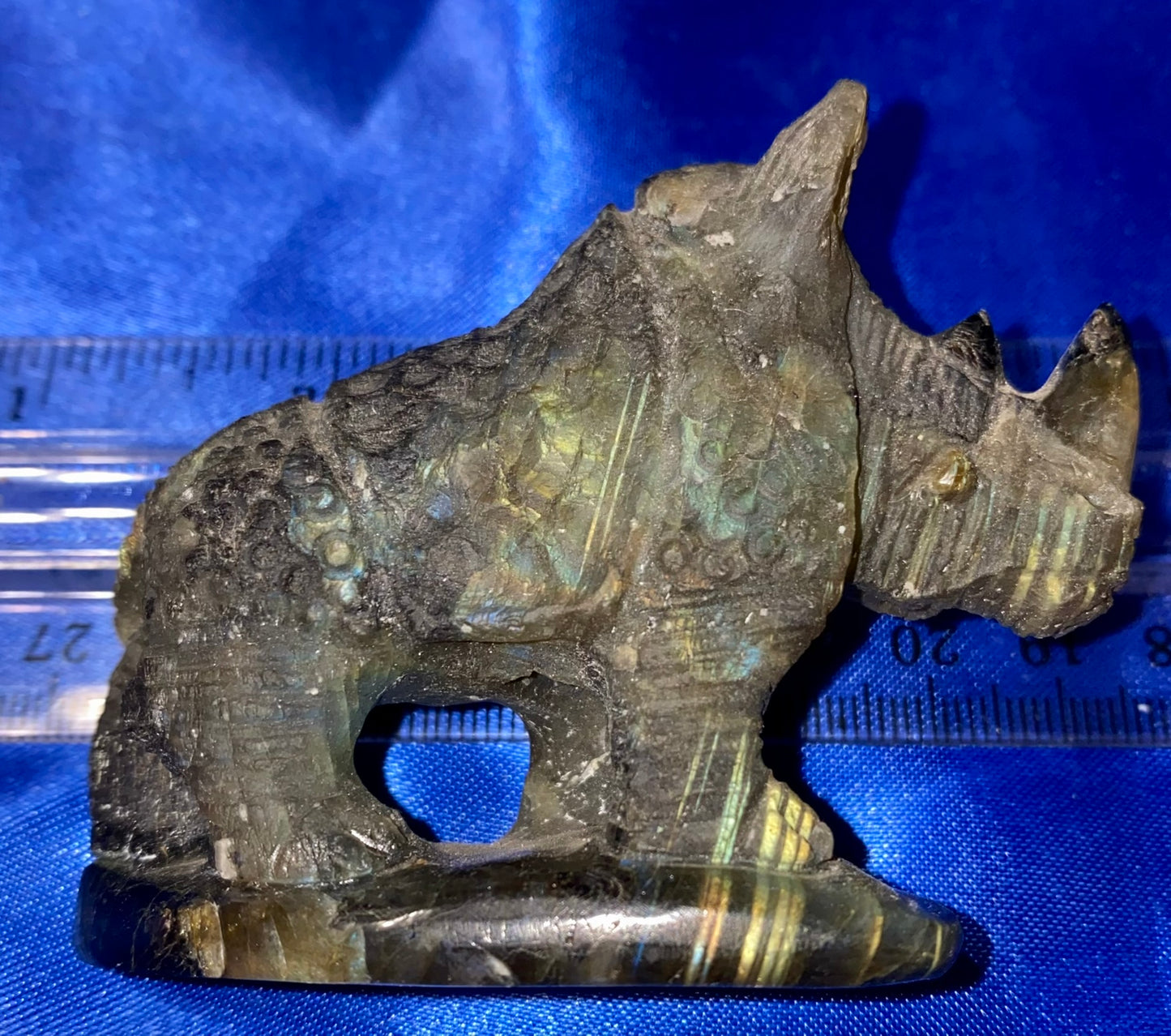 Labradorite Rhinoceros Figurine - polished blue pink gold flash stone sculpture