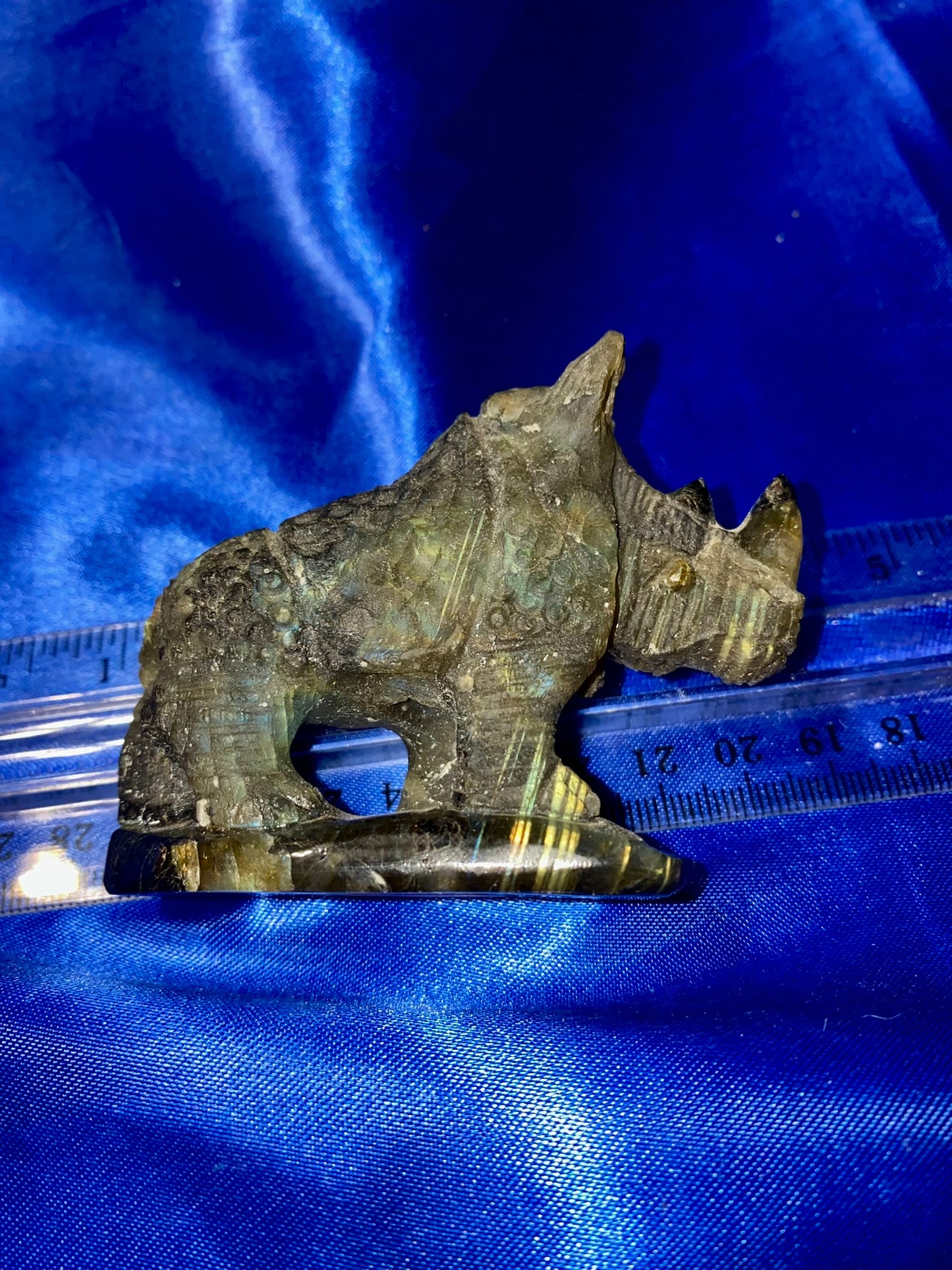 Labradorite Rhinoceros Figurine - polished blue pink gold flash stone sculpture