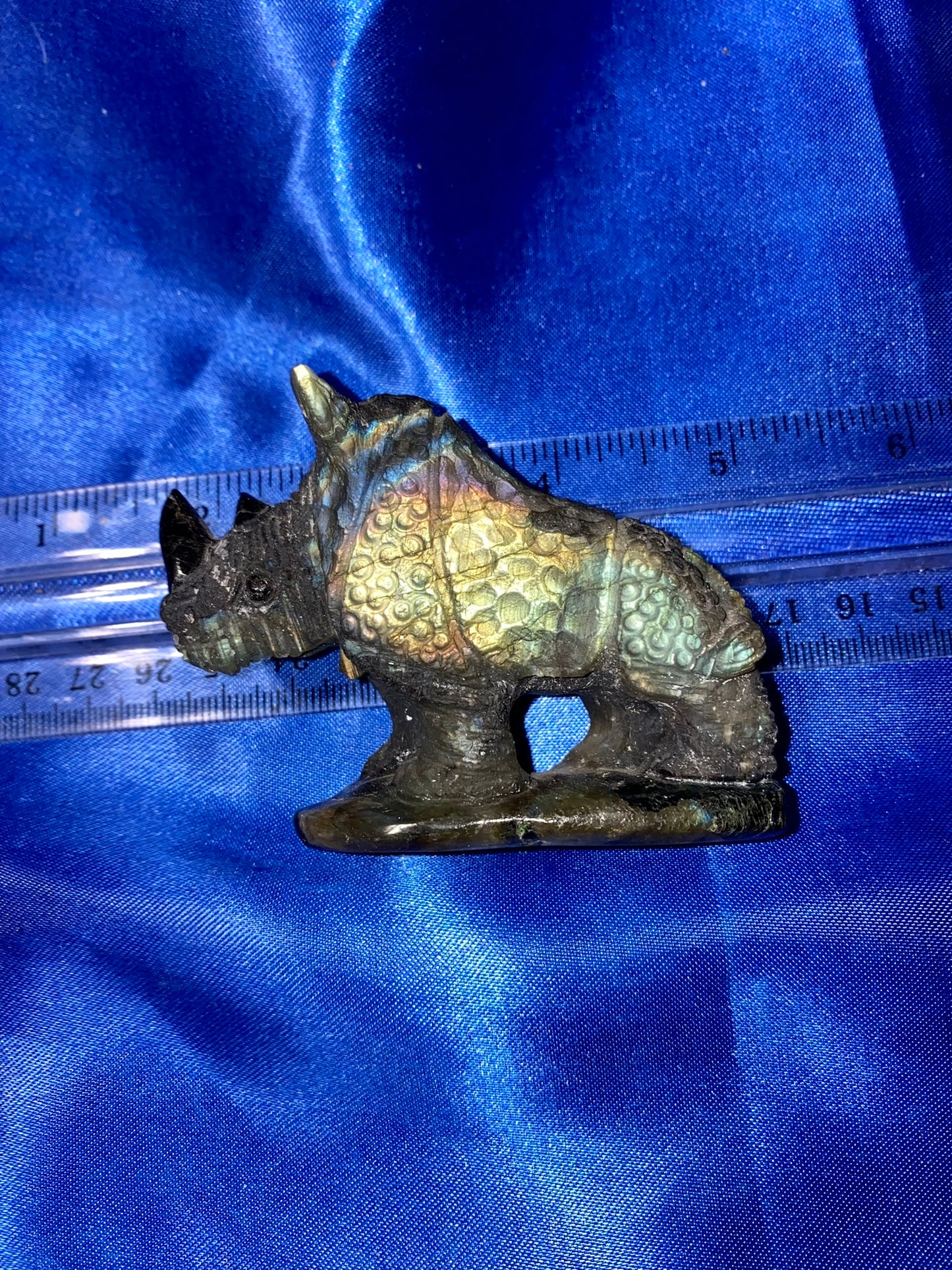 Labradorite Rhinoceros Figurine - polished blue pink gold flash stone sculpture