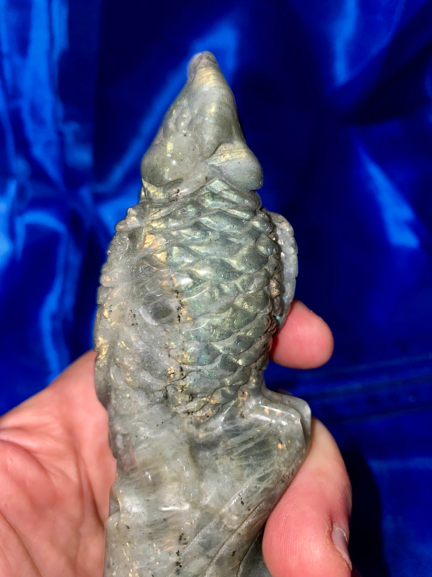 Labradorite Cockatoo Statue - polished blue green gold flash stone sculpture