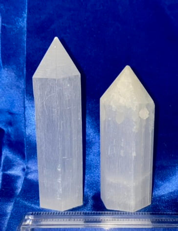 Selenite Point l1,2 - polished white stone mini-tower sculpture glows in blacklight