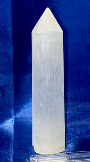 Selenite Point m1 - polished white stone mini-tower sculpture glows in blacklight