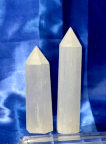 Selenite Point s1,2 - polished white stone mini-tower sculpture glows in blacklight