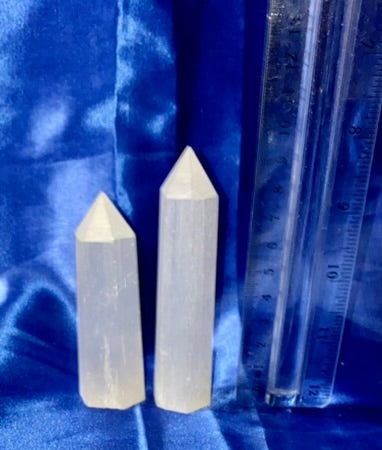 Selenite Point s1,2 - polished white stone mini-tower sculpture glows in blacklight