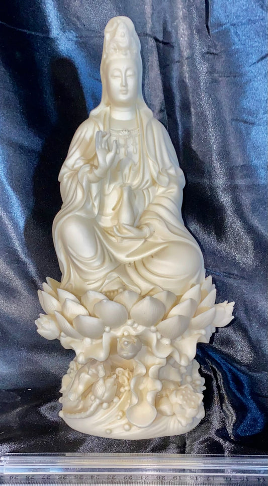 Quan Yin seated on a Lotus Pedestal Statue, Tagua Fruit (AKA Palm FruitIvory)