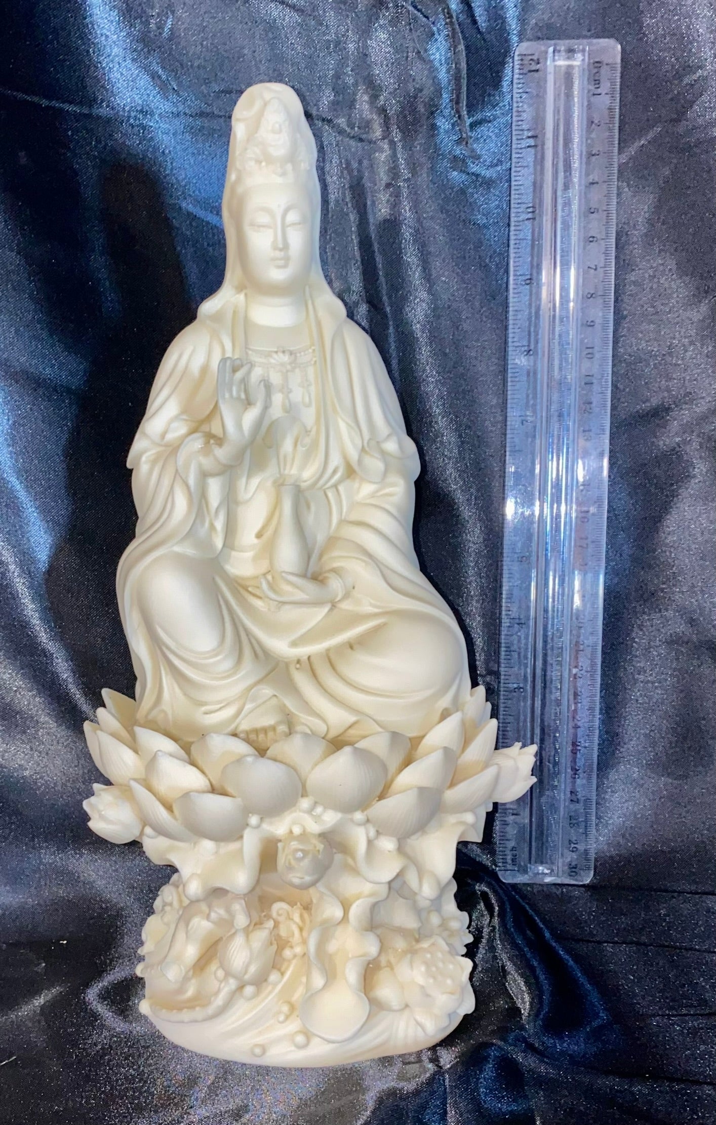 Quan Yin seated on a Lotus Pedestal Statue, Tagua Fruit (AKA Palm FruitIvory)