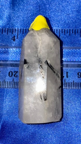 Tourmalated Quartz Point t2 - polished clear white black stone sculpture