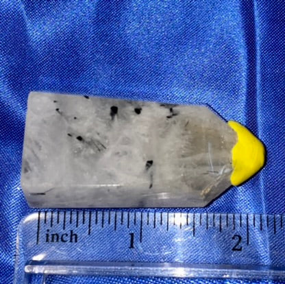 Tourmalated Quartz Point t3 - polished clear white black stone sculpture