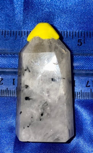 Tourmalated Quartz Point t3 - polished clear white black stone sculpture