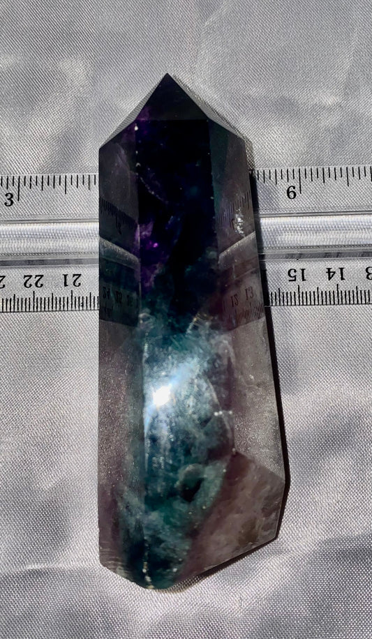 Fluorite Point l5 - polished purple blue white stone mini-tower sculpture