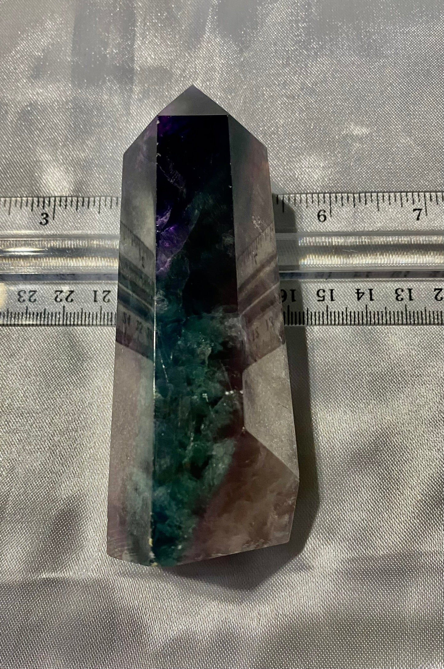 Fluorite Point l5 - polished purple blue white stone mini-tower sculpture