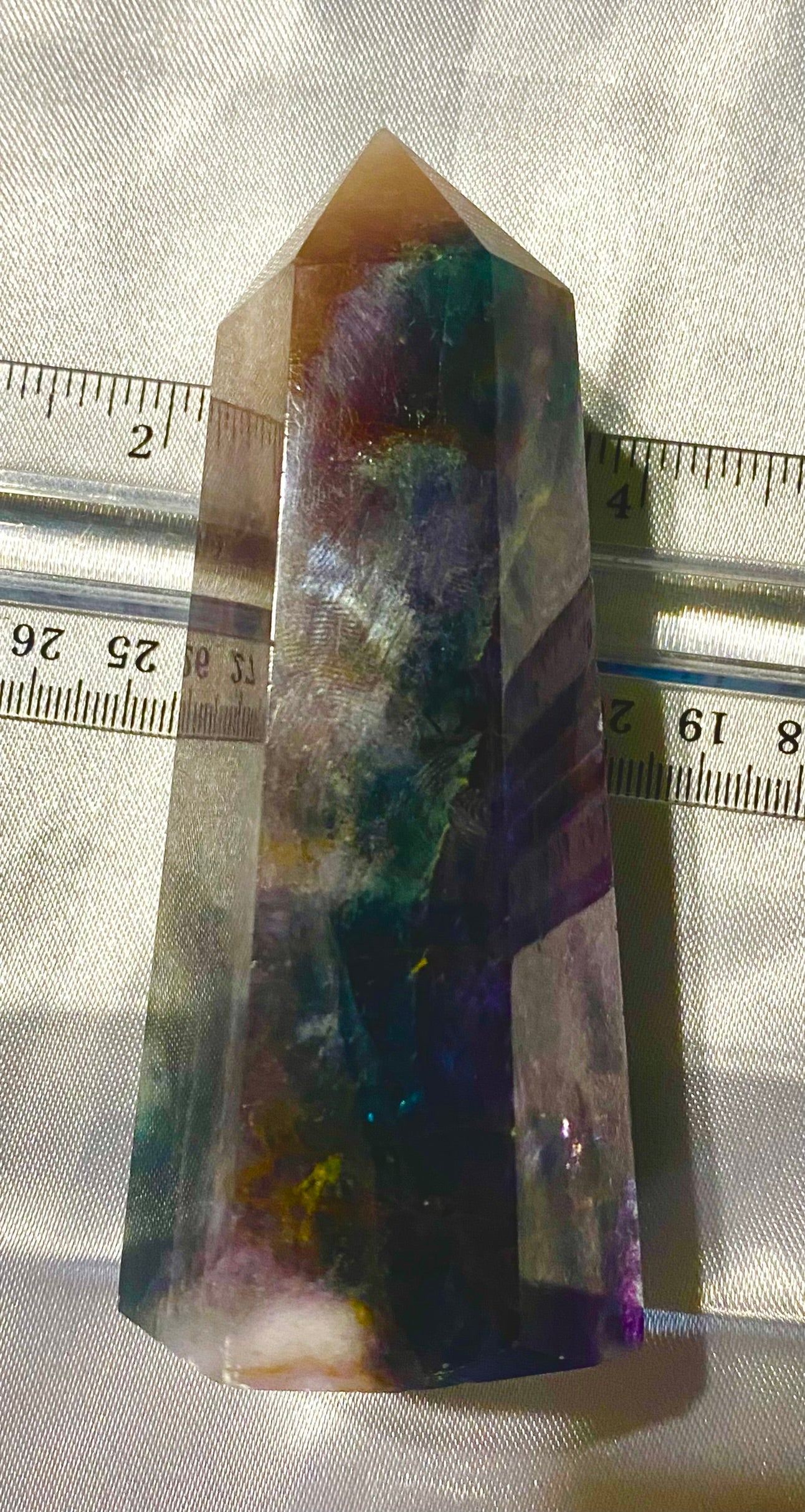 Fluorite Point l4 - polished purple green blue white stone mini-tower sculpture